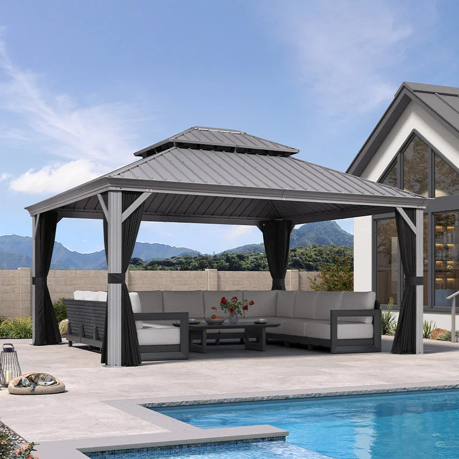 PURPLE LEAF – Pavillon de terrasse pour piscine, toit rigide gris clair en acier galvanisé avec rideaux améliorés