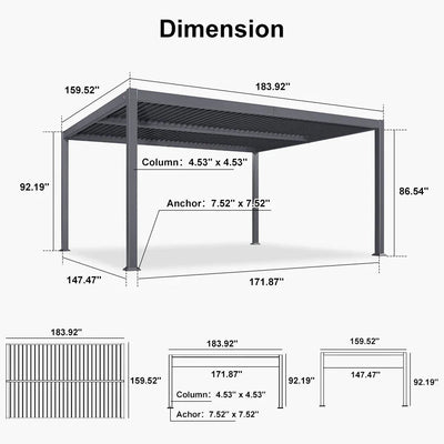 PURPLE LEAF Caesar – Pergola extérieure à lames orientables avec toit rigide réglable, gris