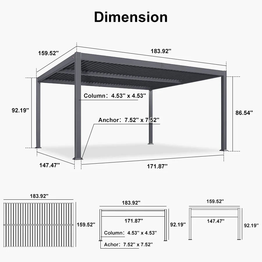 PURPLE LEAF Caesar – Pergola extérieure à lames orientables avec toit rigide réglable, gris