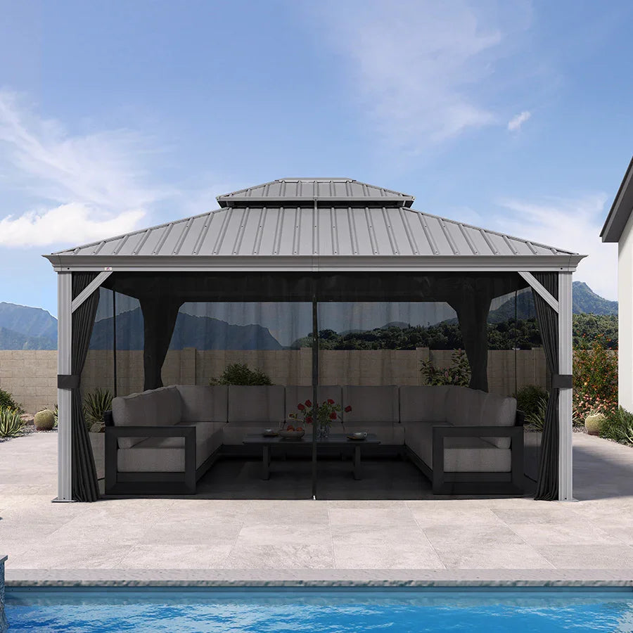 PURPLE LEAF – Pavillon de terrasse pour piscine, toit rigide gris clair en acier galvanisé avec rideaux améliorés