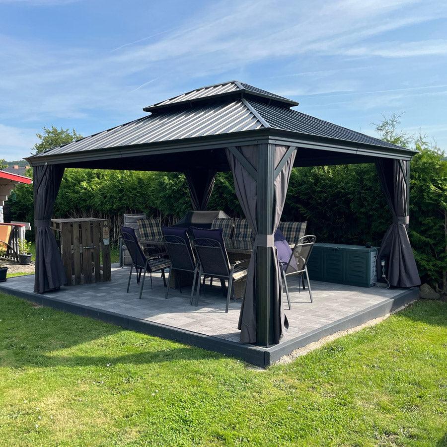 PURPLE LEAF – Pavillon de terrasse pour jardin, toit rigide gris en acier galvanisé avec rideau amélioré