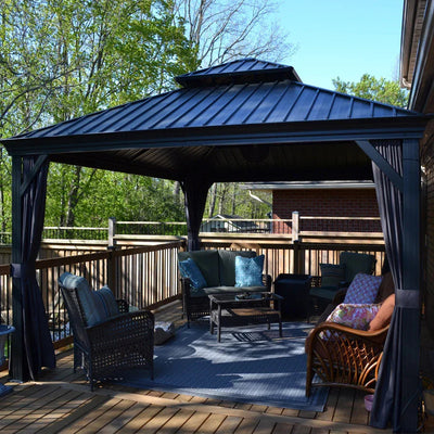 PURPLE LEAF – Pavillon de terrasse pour jardin, toit rigide gris en acier galvanisé avec rideau amélioré