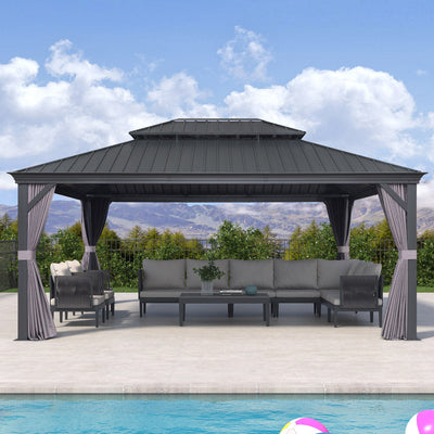 PURPLE LEAF – Pavillon de terrasse pour jardin, toit rigide gris en acier galvanisé avec rideau amélioré