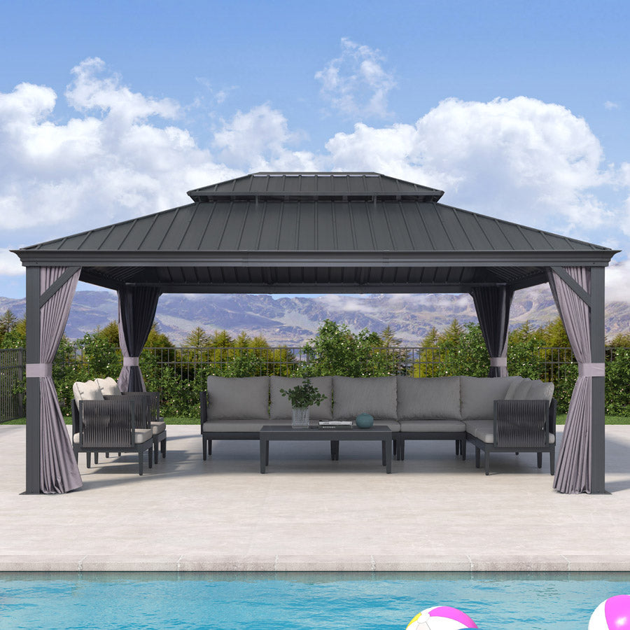 PURPLE LEAF – Pavillon de terrasse pour jardin, toit rigide gris en acier galvanisé avec rideau amélioré