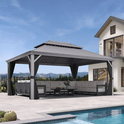 PURPLE LEAF – Pavillon de terrasse pour piscine, toit rigide gris clair en acier galvanisé avec rideaux améliorés