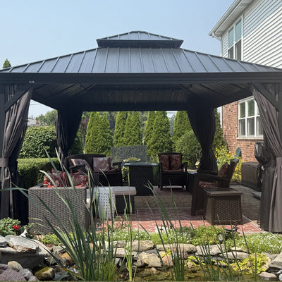 PURPLE LEAF – Pavillon de terrasse pour jardin, toit rigide gris en acier galvanisé avec rideau amélioré