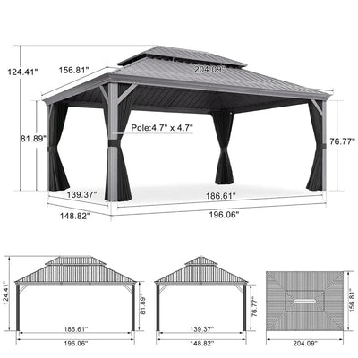 PURPLE LEAF – Pavillon de terrasse pour piscine, toit rigide gris clair en acier galvanisé avec rideaux améliorés