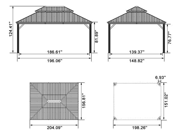 PURPLE LEAF – Pavillon de terrasse pour jardin, toit rigide gris en acier galvanisé avec rideau amélioré
