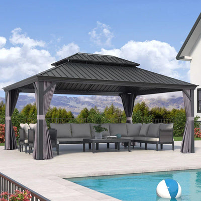 PURPLE LEAF – Pavillon de terrasse pour jardin, toit rigide gris en acier galvanisé avec rideau amélioré
