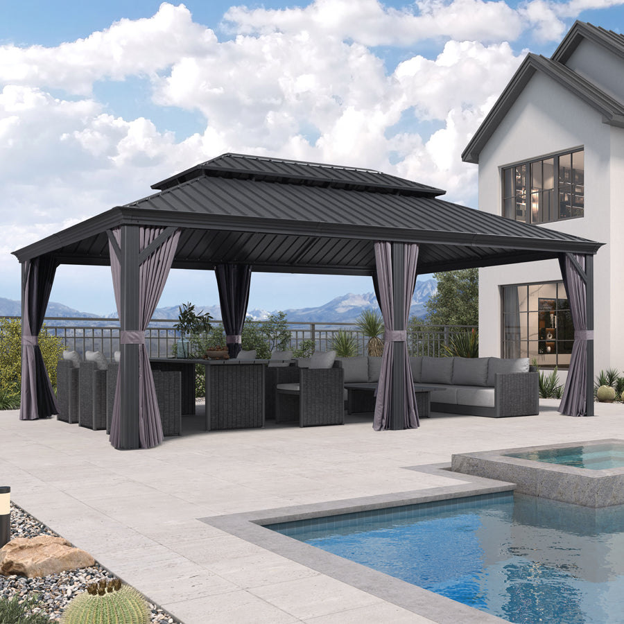 PURPLE LEAF – Pavillon de terrasse pour jardin, toit rigide gris en acier galvanisé avec rideau amélioré