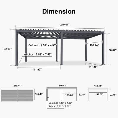 PURPLE LEAF Caesar – Pergola extérieure à lames orientables avec toit rigide réglable, gris