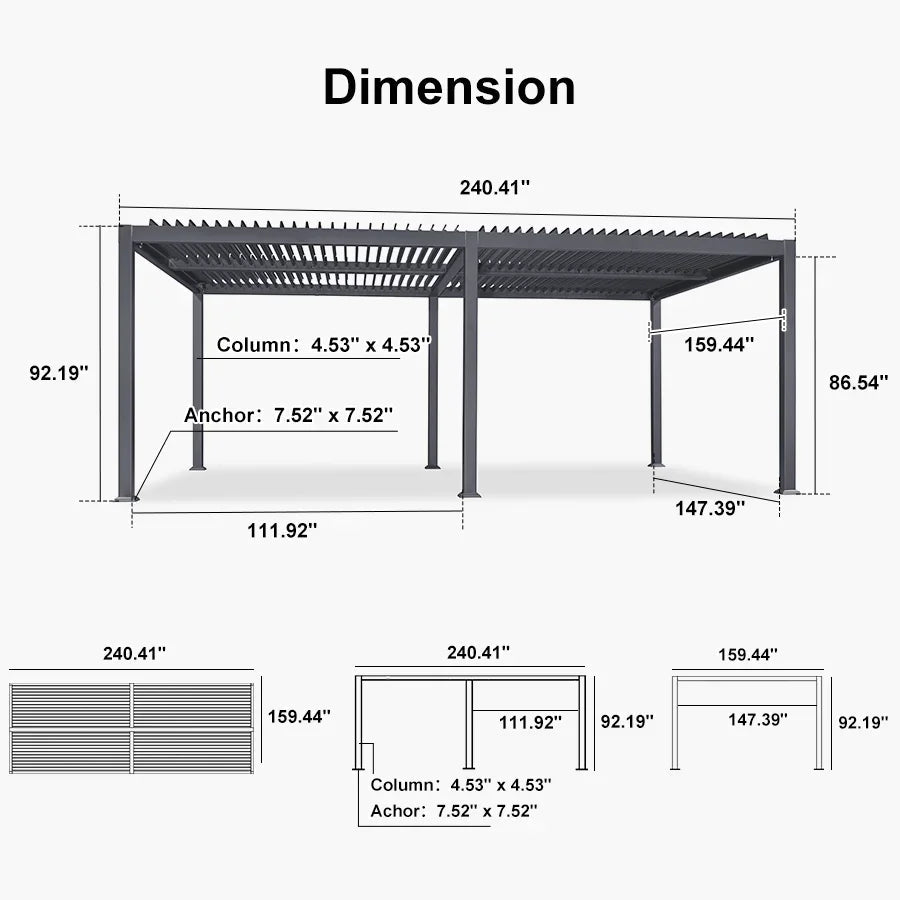 PURPLE LEAF Caesar – Pergola extérieure à lames orientables avec toit rigide réglable, gris
