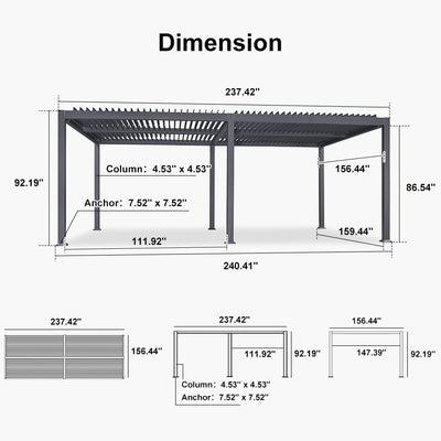 PURPLE LEAF Caesar – Pergola extérieure à lames orientables avec toit rigide réglable, gris