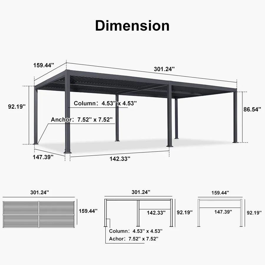 PURPLE LEAF Caesar – Pergola extérieure à lames orientables avec toit rigide réglable, gris