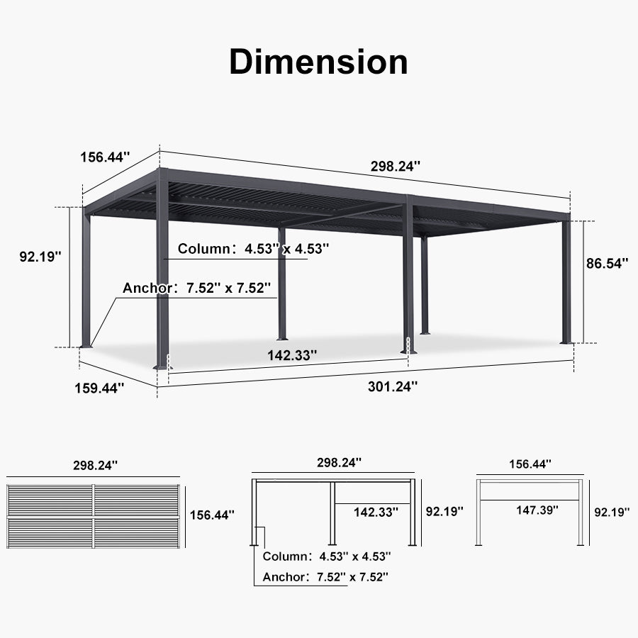 PURPLE LEAF Caesar – Pergola extérieure à lames orientables avec toit rigide réglable, gris