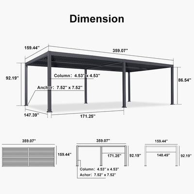 PURPLE LEAF Caesar – Pergola extérieure à lames orientables avec toit rigide réglable, gris