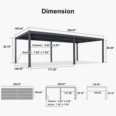 PURPLE LEAF Caesar – Pergola extérieure à lames orientables avec toit rigide réglable, gris