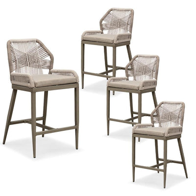 PURPLE LEAF – Lot de 4 tabourets de bar extérieurs en aluminium avec dossier, rotin tressé moderne style bohème pour jardin et piscine
