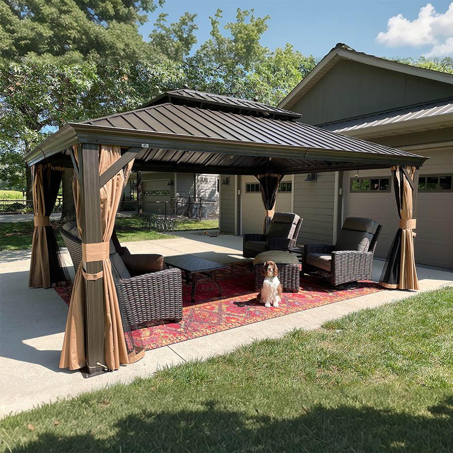 PURPLE LEAF – Pavillon extérieur à toit rigide pour jardin, double toit bronze et structure en aluminium