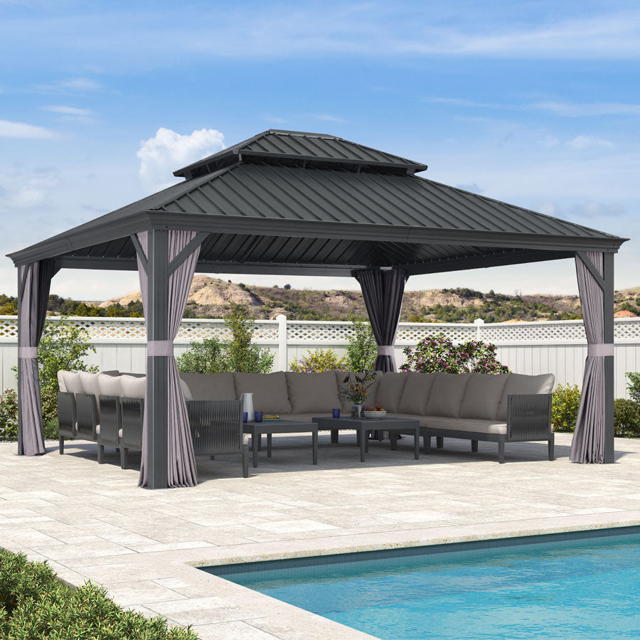 PURPLE LEAF – Pavillon de terrasse pour jardin, toit rigide gris en acier galvanisé avec rideau amélioré