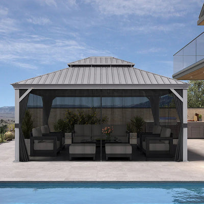 PURPLE LEAF – Pavillon de terrasse pour piscine, toit rigide gris clair en acier galvanisé avec rideaux améliorés