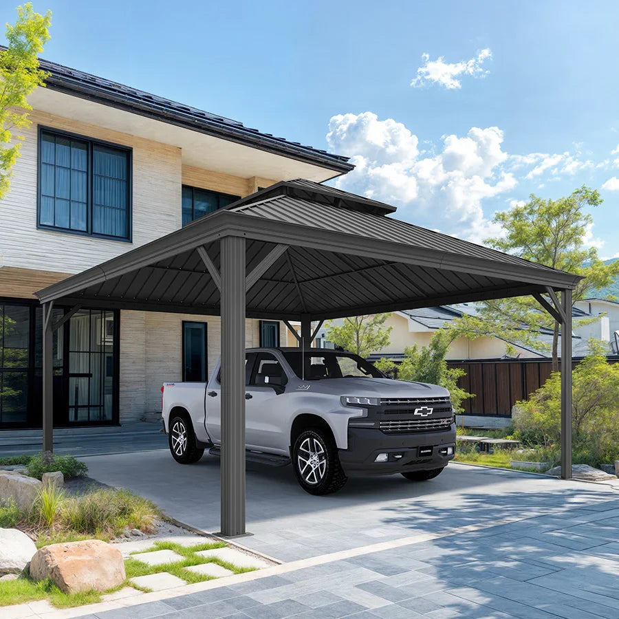 PURPLE LEAF – Abri voiture extérieur métallique avec toit en acier gris et structure en aluminium