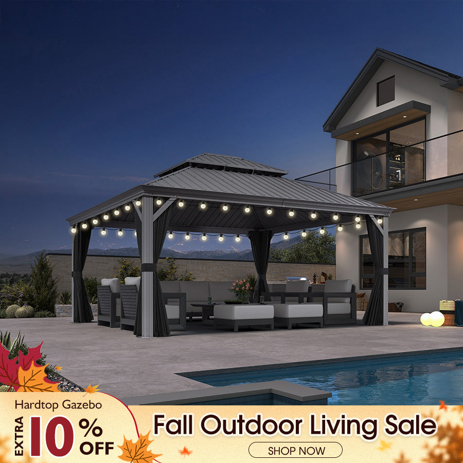 PURPLE LEAF – Pavillon de terrasse pour piscine, toit rigide gris clair en acier galvanisé avec guirlande lumineuse – clear