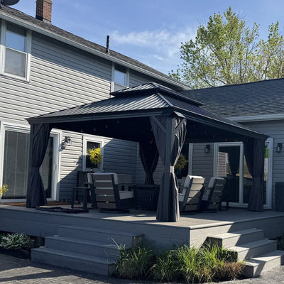 PURPLE LEAF – Pavillon de terrasse pour jardin, toit rigide gris en acier galvanisé avec rideau amélioré
