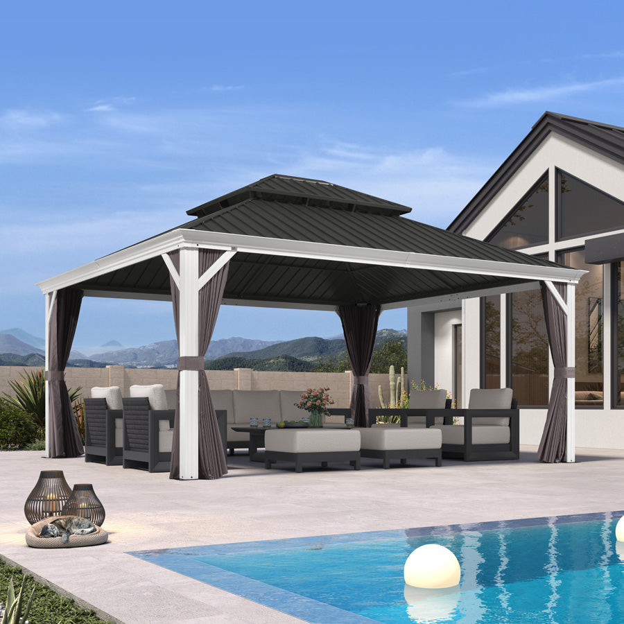 PURPLE LEAF – Pavillon blanc pour terrasse moderne avec double toit en acier galvanisé et rideau amélioré
