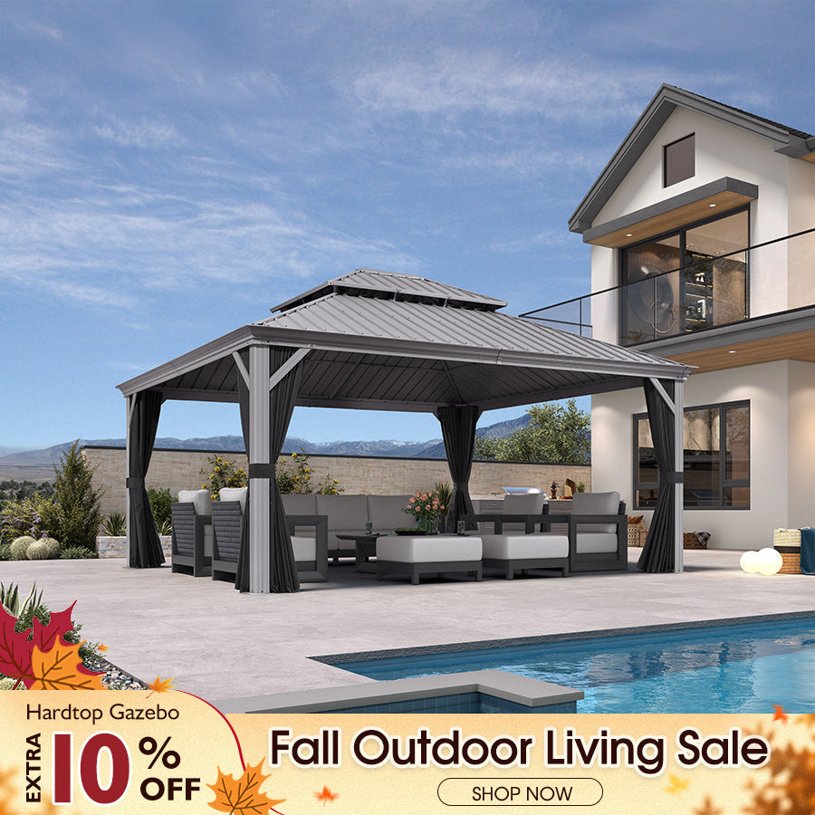 PURPLE LEAF – Pavillon de terrasse pour piscine, toit rigide gris clair en acier galvanisé avec rideaux améliorés