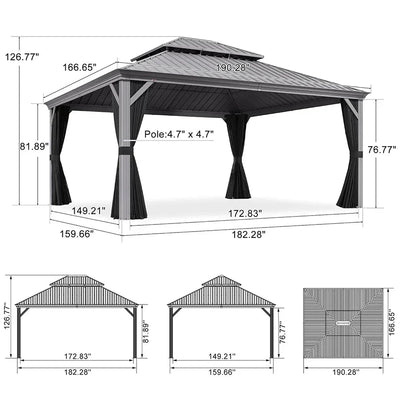 PURPLE LEAF – Pavillon de terrasse pour piscine, toit rigide gris clair en acier galvanisé avec rideaux améliorés
