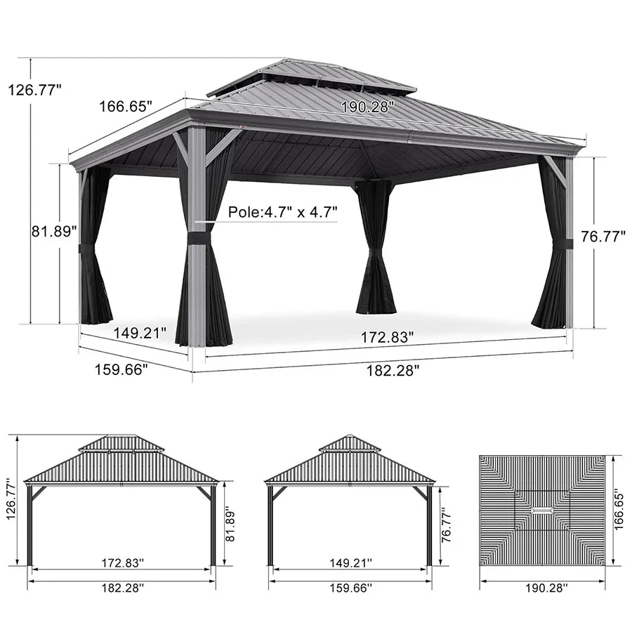 PURPLE LEAF – Pavillon de terrasse pour piscine, toit rigide gris clair en acier galvanisé avec rideaux améliorés