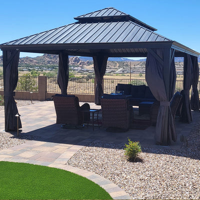 PURPLE LEAF – Pavillon de terrasse pour jardin, toit rigide gris en acier galvanisé avec rideau amélioré