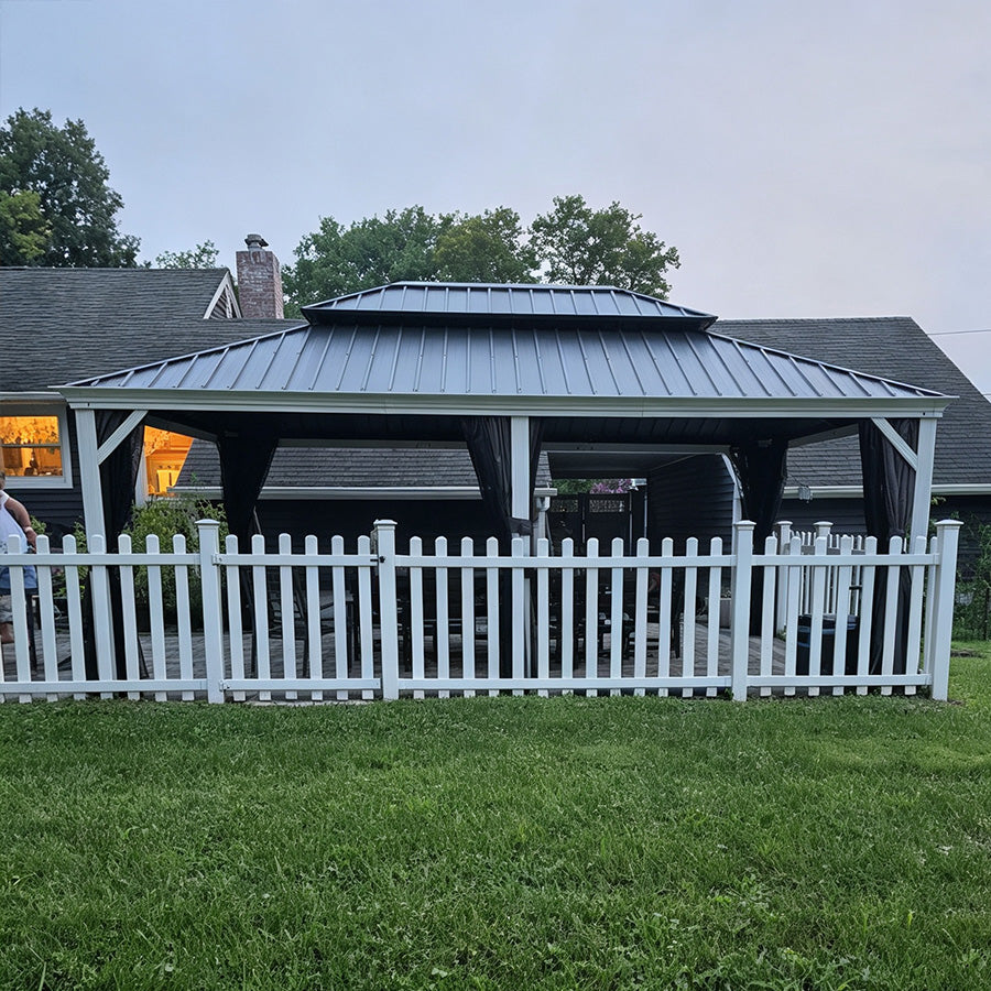 PURPLE LEAF – Pavillon blanc pour terrasse moderne avec double toit en acier galvanisé et rideau amélioré