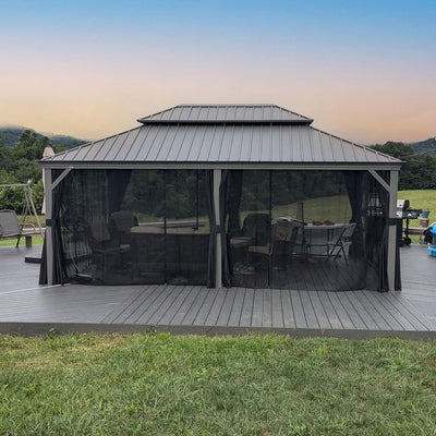 PURPLE LEAF – Pavillon de terrasse pour piscine, toit rigide gris clair en acier galvanisé avec rideaux améliorés