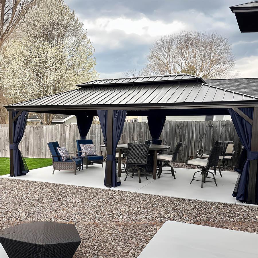 PURPLE LEAF – Pavillon extérieur à toit rigide pour terrasse, structure en aluminium bronze, rideau bleu marine et tiges de renfort