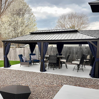 PURPLE LEAF – Pavillon extérieur à toit rigide pour terrasse, structure en aluminium bronze avec rideau bleu marine