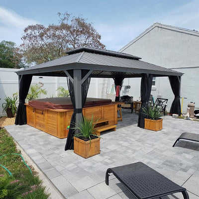 PURPLE LEAF – Pavillon de terrasse pour piscine, toit rigide gris clair en acier galvanisé avec rideaux améliorés