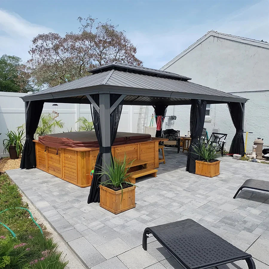PURPLE LEAF – Pavillon de terrasse pour piscine, toit rigide gris clair en acier galvanisé avec guirlande lumineuse – clear