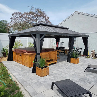 PURPLE LEAF – Pavillon de terrasse pour piscine, toit rigide gris clair en acier galvanisé avec rideaux améliorés