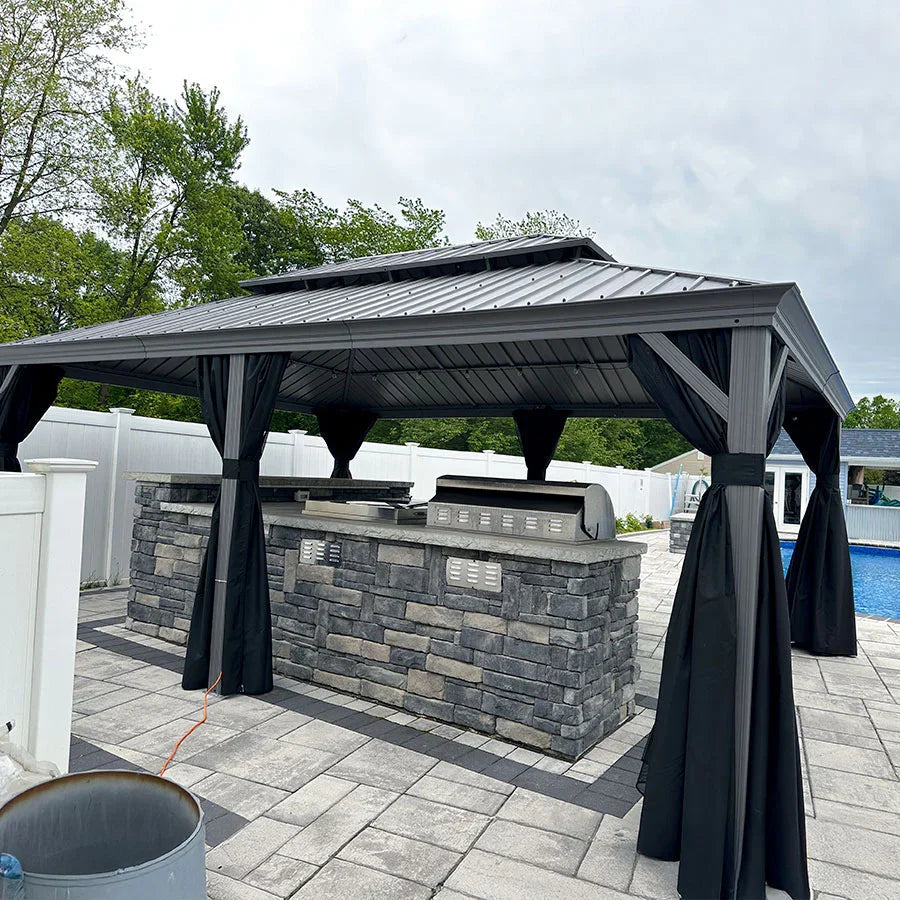 PURPLE LEAF – Pavillon de terrasse pour piscine, toit rigide gris clair en acier galvanisé avec rideaux améliorés