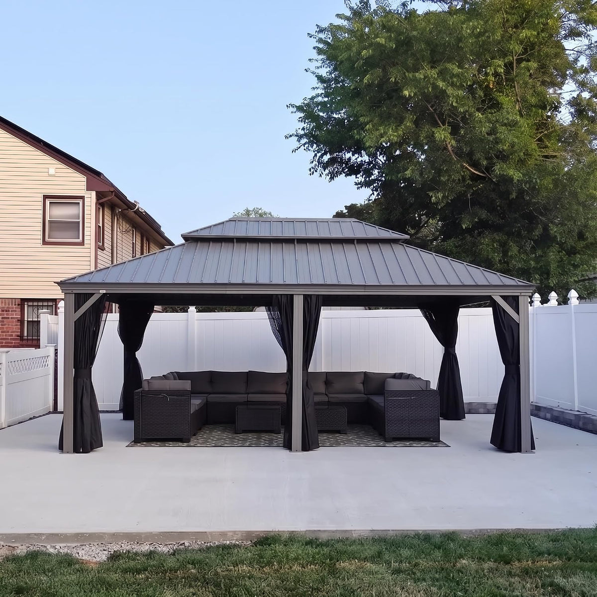 PURPLE LEAF – Pavillon de terrasse pour piscine, toit rigide gris clair en acier galvanisé avec rideaux améliorés