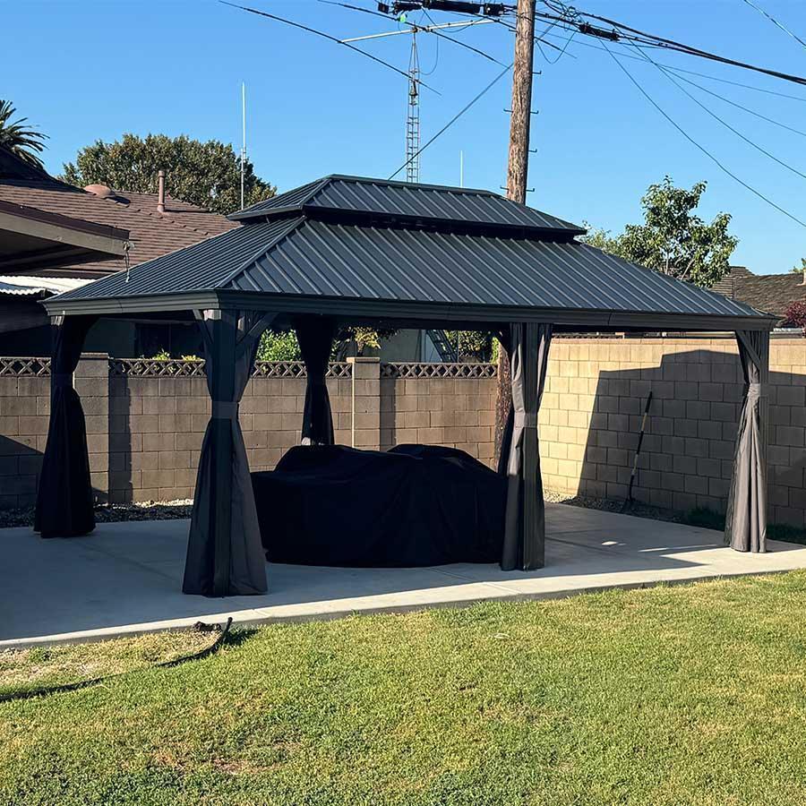 PURPLE LEAF – Pavillon de terrasse pour jardin, toit rigide gris en acier galvanisé avec rideau amélioré