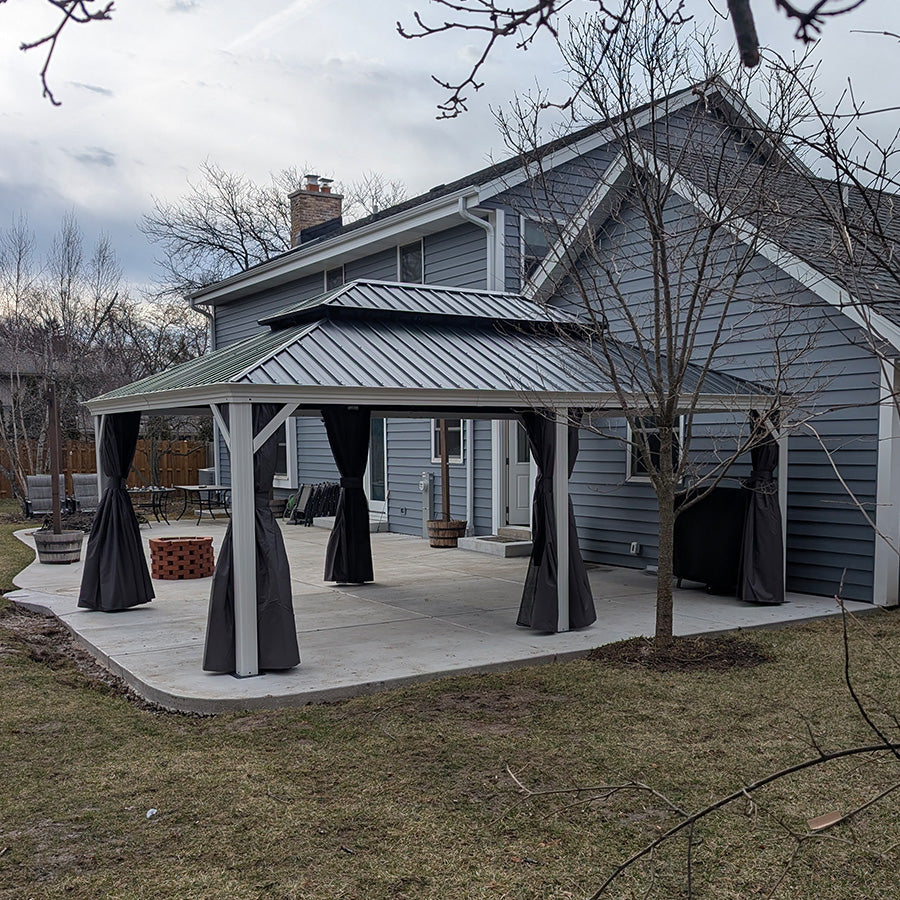 PURPLE LEAF – Pavillon blanc pour terrasse moderne avec double toit en acier galvanisé, rideau amélioré et éclairage – clear