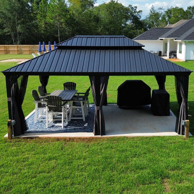 PURPLE LEAF – Pavillon de terrasse pour jardin, toit rigide gris en acier galvanisé avec rideau amélioré