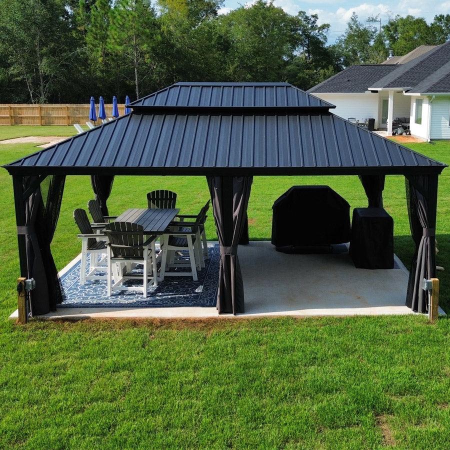 PURPLE LEAF – Pavillon de terrasse pour jardin, toit rigide gris en acier galvanisé avec rideau amélioré