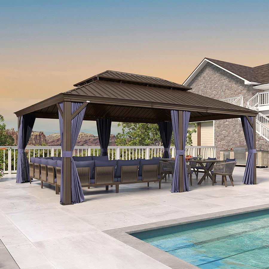PURPLE LEAF – Pavillon extérieur à toit rigide pour terrasse, structure en aluminium bronze avec rideau bleu marine