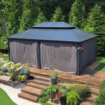 PURPLE LEAF – Pavillon de terrasse pour jardin, toit rigide gris en acier galvanisé avec rideau amélioré