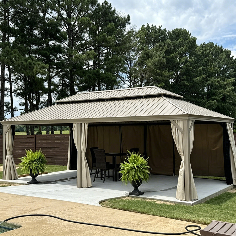 PURPLE LEAF – Pavillon de jardin Champagne à toit rigide en acier galvanisé avec rideau amélioré et éclairage – clear