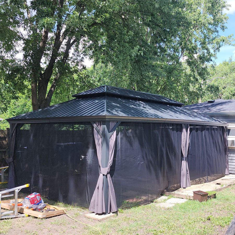 PURPLE LEAF – Pavillon de terrasse pour jardin, toit rigide gris en acier galvanisé avec rideau amélioré
